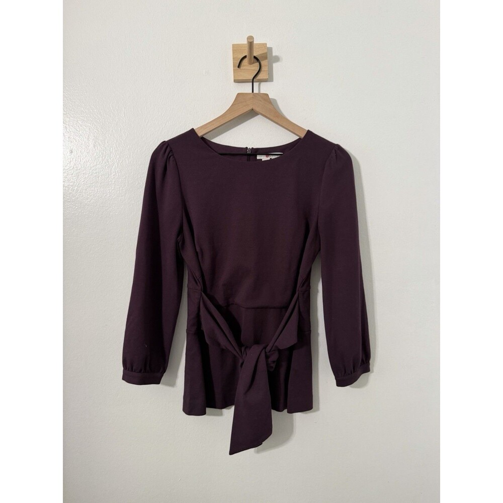 Boden Plum Purple Peplum Tie Waist Top Womens Long Sleeve Puff Shoulder Blouse 8